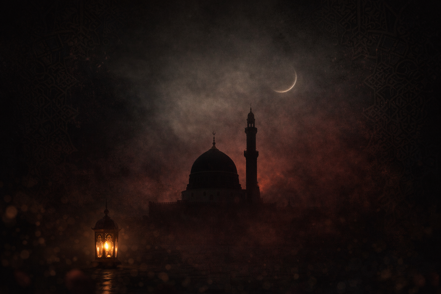 Solitary mosque silhouette with single tall minaret against somber dark charcoal and deep maroon sky, thin crescent moon through heavy haze, single flickering lantern, muted palette of black, deep red and dark silver -- HD Muharram wallpaper